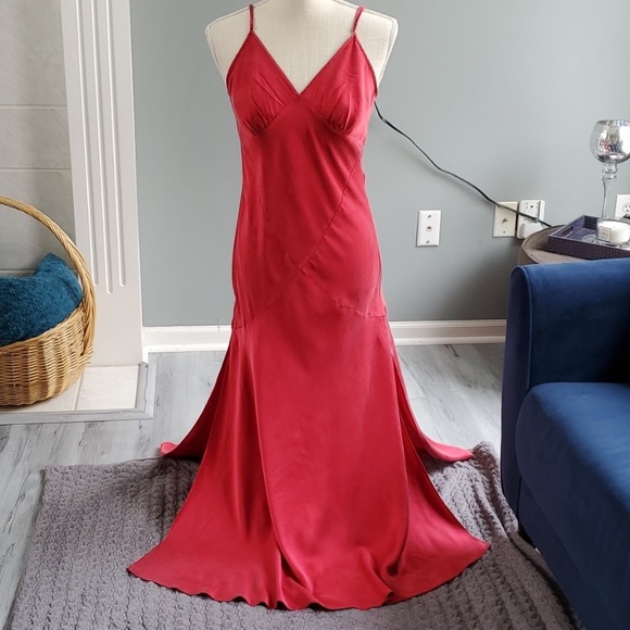 Vintage 90s 100% Silk Slip Dress Crimson Red High Slit Silk Dress Backless Bella - Picture 13 of 16